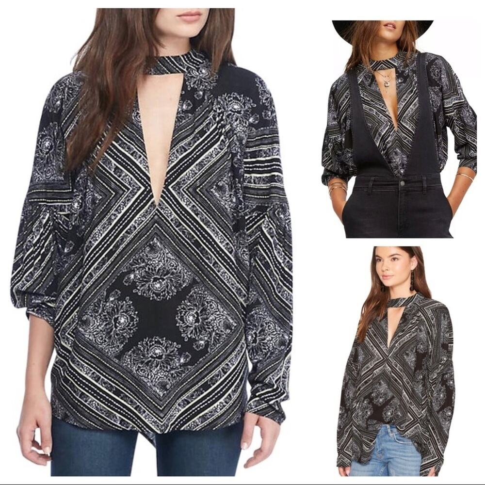 Free People Women’s Walking On A Dream Geometric Print Tunic Top Black Size XS